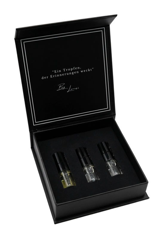 Hier bekommen Sie das Sample Kit mit 3 Düften. Blondaire, Londor und Toskyra.