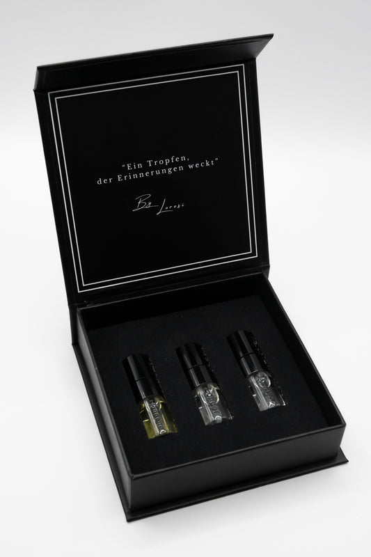 Hier bekommen Sie das Sample Kit mit 3 Düften. Blondaire, Londor und Toskyra. 